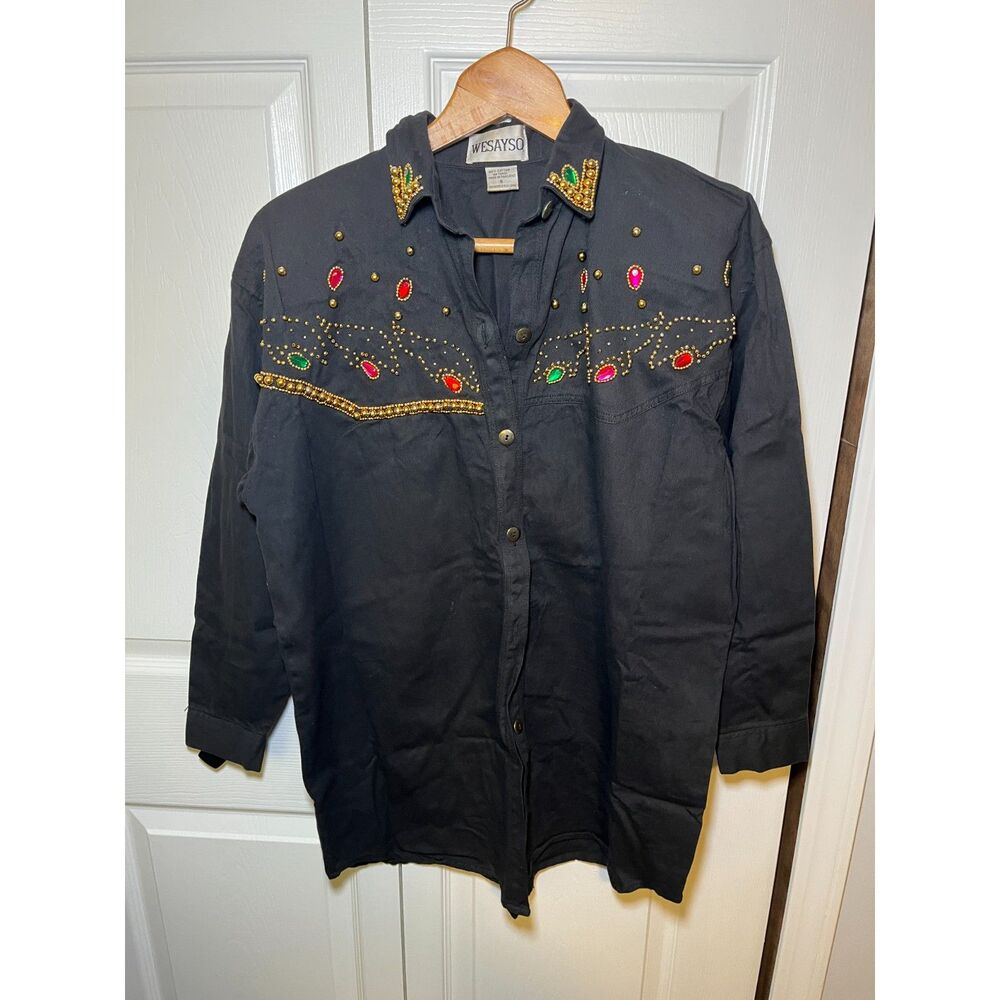 WESAYSO Black Western Jeweled Button Front Shirt Womens Small Vintage Rhinestone